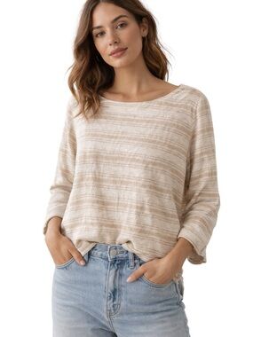 Sigrid Olsen Beige Striped Linen Blend Blouse Size Large